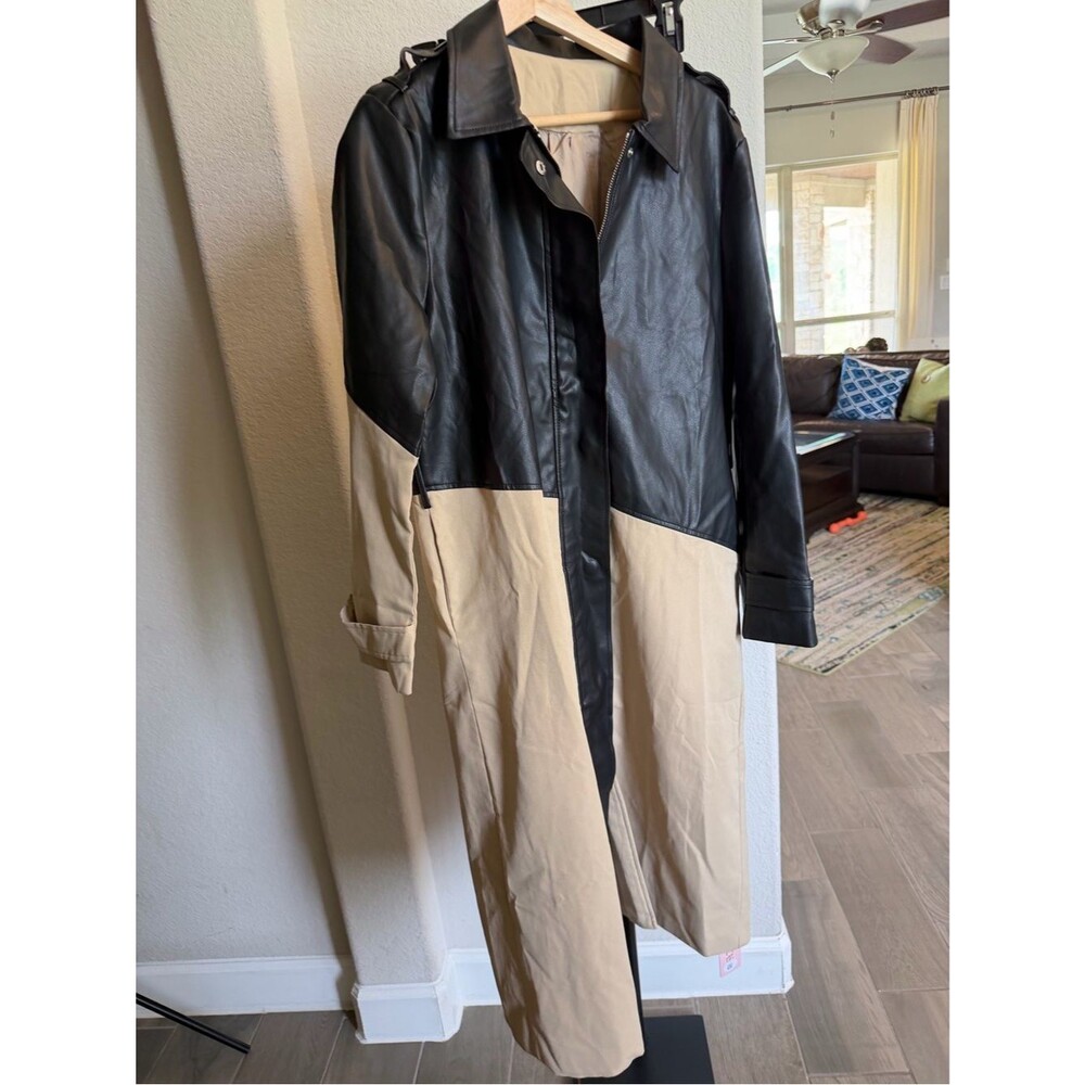 Micas Classic Two-Tone Trench Coat - Black & Beige Faux Leather XS